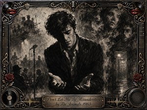 A solitary, downcast singer stands in a smoky 1960s club, hands open in a vulnerable gesture beneath dim stage lighting. Deep charcoal blacks, soft grays, and silver highlights create a brooding, emotional atmosphere. Ghostly faces, a microphone, stage doorway, red roses, vinyl records, and ornate gold-trimmed musical framing deepen the sense of misunderstanding and longing.