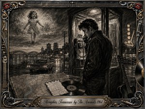A solitary man stands at a vintage Memphis payphone beside rain-darkened streets, calling through the night while a smiling young girl appears like a distant memory above the skyline. Deep feathered charcoal textures, glowing streetlights, vintage cars, a guitar, map, and record create a wistful 1960s atmosphere within an ornate music-themed metallic frame.