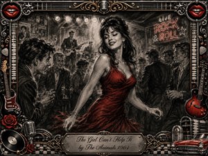 A glamorous woman in a vivid red dress dances through a smoky 1960s rock-and-roll club, surrounded by admiring patrons and musicians. Deep feathered charcoal textures, dramatic spotlights, and selective crimson accents create energetic vintage atmosphere. An ornate chrome-and-gold musical frame features guitars, records, roses, microphones, and an engraved title plate.