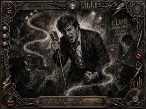 A furious singer grips a vintage microphone in a smoky 1960s rhythm-and-blues club, surrounded by shadowy musicians, raised fists, and swirling stage haze. Deep charcoal blacks, silvery grays, and sharp highlights create raw tension, while crimson lips, metallic gold details, records, cables, and lightning motifs enrich the ornate music-themed frame.
