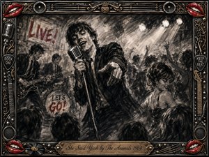 A charismatic 1960s rock singer leans toward the crowd in a smoky, packed club, backed by guitar, drums, dancing figures, and bright spotlights. Deep charcoal blacks, silvery grays, and vivid red accents create urgent energy. An ornate chrome-and-gold musical frame with red lips surrounds the expressive, textured composition.