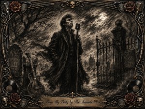 A lone blues singer stands in a moonlit cemetery, gripping a vintage microphone as wind and mist swirl around him. Deep charcoal blacks, smoky grays, and sepia highlights create a haunted, soulful mood. Ornate wrought iron, roses, skulls, guitar strings, records, and an engraved title plate frame the dramatic scene.