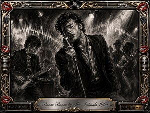 A smoky 1960s club performance unfolds in richly feathered charcoal, with an intense singer gripping a vintage microphone beside a focused guitarist and shadowy dancers. Dramatic spotlights pierce the haze while white sound waves energize the scene. An ornate chrome-and-gold frame, red lips, musical hardware, and engraved title plate complete the gritty blues-rock atmosphere.