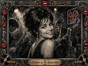 A smiling woman with pronounced dimples turns toward the viewer inside a smoky 1960s blues club, surrounded by shadowy musicians, guitars, drums, and a vintage microphone. Deep feathered charcoal textures create dramatic black-and-gray contrast, while red lips, gold filigree, chrome details, vinyl records, and soft neon accents enrich the ornate musical frame.