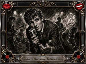A charismatic singer leans toward the viewer with a vintage microphone in a smoky 1960s R&B club, surrounded by guitarists, drums, dancers, and glowing stage lights. Deep feathered charcoal creates gritty motion and dramatic contrast, while ornate chrome-and-gold framing, red lips, vinyl records, and musical motifs add bold retro glamour.
