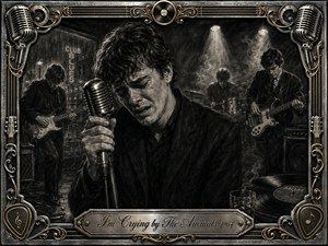 A tearful singer grips a vintage microphone in a smoky 1960s blues club, surrounded by shadowed guitarists, drummer, amplifiers, and vinyl records. Deep charcoal textures, silvery highlights, and dramatic spotlights create a mournful atmosphere. An ornate chrome-and-gold musical frame surrounds the scene, with an engraved title plate below.