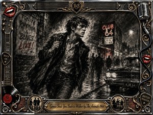 A brooding young rocker strides through a rain-slicked 1960s city street outside a glowing rhythm-and-blues club. Deep feathered charcoal textures, smoky shadows, chrome highlights, and restrained red accents create gritty nocturnal drama. An ornate music-themed frame surrounds the scene with microphones, strings, records, lips, gold filigree, and an engraved title plate.