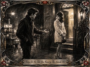 A young couple faces each other on a rain-darkened 1960s city street, the man extending an inviting hand as warm doorway light surrounds the woman. Deep charcoal textures, silvery blacks, and soft amber highlights create a romantic noir mood. An ornate chrome-and-gold musical frame features red lips, strings, notes, and an engraved title plate.