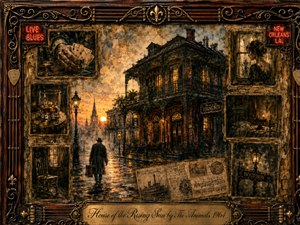 A haunting New Orleans street glows beneath a smoky golden sunset, centered on a shadowy wrought-iron house with illuminated windows. Vintage framed memories of cards, whiskey, solitude, and faded romance surround the scene. Deep browns, amber light, black ironwork, and aged textures create a melancholy, cinematic oil-painted atmosphere.
