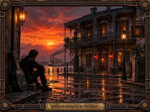 A solitary traveler sits beside a battered guitar case on a rain-darkened New Orleans street, facing a weathered, glowing house at sunset. Fiery orange skies contrast with deep blue shadows and reflective cobblestones. Ornate wrought iron, lantern light, a distant riverboat, and a dark decorative frame create a brooding, cinematic atmosphere.
