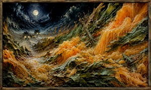 Beneath a glowing moon, distant headlights advance through a rugged valley of frozen orange juice, torn green leaves, and amber ice. A winding crystalline trail leads through the darkness, capturing mystery, pursuit, distance, and the restless nighttime searching spirit of On the Hunt.