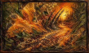 Frozen citrus crystals, dark mulched leaves, and claw-like streaks explode across a twisting woodland path toward a fiery horizon. Fractured light, rough organic textures, and aggressive diagonal movement transform the abstract landscape into a tense trail of pursuit, danger, and wild Southern-rock momentum.