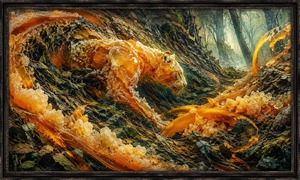 A powerful panther-like predator emerges from swirling frozen orange juice, sparkling crystals, and dense green leaf mulch. Flowing amber ribbons and a misty forest opening add depth and suspense, presenting the silent hunter as a dramatic abstract vision of stealth, instinct, patience, and controlled power.