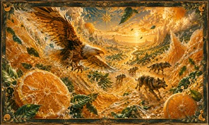 A crystalline eagle sweeps above wolves racing through an expansive wilderness of frozen orange juice, giant citrus forms, and airborne green leaves. Glowing skies, icy mountains, and powerful forward movement transform the chase into an epic abstract fantasy of pursuit, freedom, instinct, and unstoppable energy.