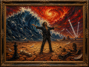 A lone performer stands on cracked earth beneath a burning spiral sky while a towering wave rises behind him. Broken chess pieces and drifting feathers suggest shattered choices, lost control, and defiance. The scene captures the songs explosive energy, combining emotional release, danger, and theatrical power in one surreal moment.