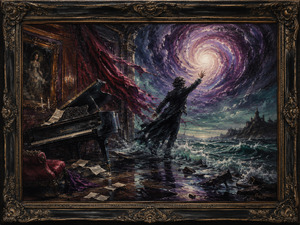 A storm tears through an elegant room as the sea floods across scattered music sheets and a grand piano. A solitary figure reaches toward a glowing vortex beyond the ruined walls. The painting blends beauty, destruction, obsession, and momentum, creating a dramatic vision of being pulled toward something impossible to resist.