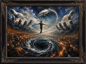 A tightrope walker balances above a violent whirlpool while enormous hands emerge from the clouds. A silver fish arcs overhead as city lights spin below. The scene represents risk, temptation, and unstable ambition, capturing the songs strange mixture of confidence, chaos, pressure, and the relentless pursuit of something just beyond reach.