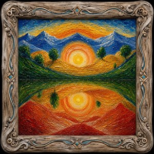 Golden sunlight rises between sculpted blue mountains, rolling fields, and deep green valleys, then flows into a dreamlike mirrored world of fiery hills. Rich wax-like texture, vivid color, and a rounded driftwood frame with turquoise router inlays create a striking, handcrafted centerpiece for any room, full of warmth and wonder.