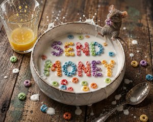 Breakfast chaos becomes playful art in this richly detailed scene. A relaxed mouse perches on a rustic cereal bowl, nibbling a colorful loop while SEND MONEY floats in milk below. Spilled milk, scattered cereal, orange juice, and a forgotten spoon create a humorous, warm, storybook moment bursting with personality everywhere.