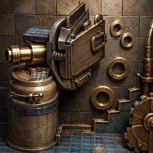 An intricate steampunk workshop features a massive brass-and-steel mechanical apparatus mounted beside a weathered cylindrical base. Blue ceramic tiles accent its platforms and floor, while gears, pipes, springs, rivets, inspection windows, and circular wall fittings create dense industrial detail. Warm dramatic lighting emphasizes aged metal textures and craftsmanship throughout it.