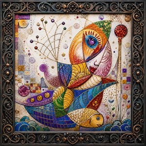 An ornate wrought-iron frame surrounds a brilliant mosaic fantasy portrait. Jewel-toned panels of purple, red, gold, blue, and green shape a serene one-eyed figure, flowing garments, a golden fish, curling waves, jeweled branches, and a ruby-topped staff. Metallic textures, spirals, latticework, and geometric flourishes create luxurious complexity and visual harmony.