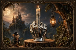An ornate fantasy scene presents a mirror-bright chrome hand sculpture atop a rugged tree-stump pedestal, its raised middle finger supporting a heavily melted, glowing candle. A dapper mouse in a top hat watches nearby. Moonlit castle towers, warm lanterns, twisted woodland, and an elaborate antique frame complete the whimsical composition.