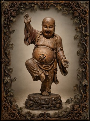 Framed in richly rusted wrought iron, a joyful wooden figure balances gracefully on one foot, smiling beneath warm museum light. Twisting vines, aged leaves, and elaborate corner scrollwork surround the sculpture. From its rounded belly button, a tiny mouse emerges and waves, adding playful charm to the antique scene beautifully.
