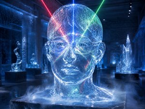 A crystal-clear ice bust stands in a glowing ice museum, carved with glasses, fine hair detail, and a calm expression. Blue, red, and green lasers enter the frozen head, refracting into complex internal patterns. Cold fog drapes over the base, while blue lighting, polished floors, and distant ice sculptures create a dramatic frozen gallery scene.