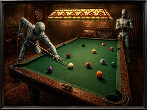 Weathered blue-chrome manikins bring a vintage pool hall to life beneath a glowing stained-glass lamp. One lines up the cue ball while another watches from the shadows. Scattered billiard balls, smoky amber light, rich wood grain, and a tiny racing mouse add motion, charm, and cinematic mystery to the scene.