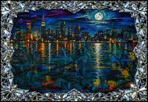 Behold this dazzling moonlit cityscape, blazing with jewel colored reflections across a midnight lake. The skyline glows with electric life, while the shattered mirror frame explodes in silver brilliance. Rich brushwork, sparkling fragments, and luminous water make this artwork feel luxurious, dramatic, and absolutely unforgettable. Pure visual excitement right now!