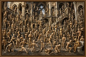 This energetic Roman Gothic spectacle bursts with wooden jointed mannequins in wild motion, from prayer and panic to jumps, salutes, and comic poses. A rich carved frame completes the scene, turning chaos into gallery drama. Perfect for Kung Fu Hand Painting art, it feels bold, funny, mysterious, and unforgettable, truly eye catching.