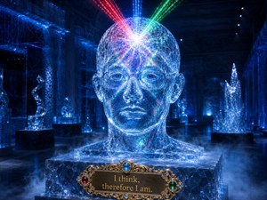 Inside a glowing ice museum, a crystal bust of COZMO rises from a frosted pedestal, alive with red, green, and blue lasers refracting through the sculpted head. A white starburst crowns the hairline, while cold fog drapes the base and a jeweled gold plaque shines beneath in regal bright detail.