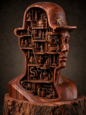 A rosewood manikin bust opens like a secret factory, revealing tiered catwalks, ladders, mixers, pipes, and tiny jointed workers inside the hollow head. From derby hat to rugged log pedestal, this one-piece sculpture blends fine carving, fantasy industry, and warm polished grain into a striking conversation centerpiece for discerning collectors.
