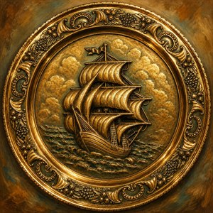 This richly detailed hand-painted medallion glows with polished golden brilliance, while deep antique patina enhances every carved groove. A proud sailing ship rises through textured waves, framed by ornate scrollwork, fruit, and floral relief. Elegant, dramatic, and timeless, this artwork radiates classic maritime treasure and gallery quality charm beautifully today.