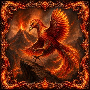 A fiery phoenix sweeps above molten cliffs, wings blazing with orange, red, and gold feathers. Extended claws hunt below while an erupting volcano fills the smoky sky. The ornate flaming frame curls with jewel-like corners, making this dramatic artwork a bold, magical showpiece bursting with heat, motion, fantasy, and power.