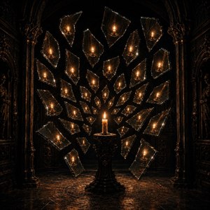 A breathtaking gothic chamber glows with candlelit mystery as one radiant flame commands the darkness. Floating mirror shards curve around it like a shattered crystal sphere, each blazing with reflected fire. Ornate arches, deep shadows, and polished stone create a dramatic masterpiece, haunting, elegant, unforgettable, and absolutely mesmerizing for collectors.