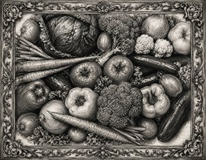 A richly shaded charcoal still life transforms fresh garden vegetables into vintage gallery art. Tomatoes, carrots, cabbage, broccoli, peppers, onions, and leafy greens burst with hand sketched texture and dramatic contrast. The ornate botanical frame adds timeless charm, making this piece a striking celebration of harvest, craftsmanship, and rustic elegance.