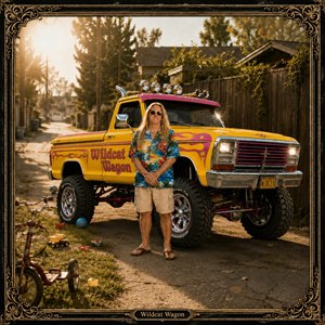 A radiant custom yellow show truck commands the suburban lane, glowing with chrome highlights, bold retro lettering, and sunlit attitude. The relaxed tropical styled owner stands proudly among scattered childrens toys, adding playful contrast and storybook charm. Finished with old teak black and gold inlay, this framed artwork shines spectacularly.