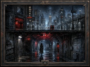 A rain-soaked city reveals its hidden heart beneath the streets, where a lone woman walks through an industrial corridor glowing with red light. Layered architecture, neon reflections, and Art Deco framing create a powerful vision of secret urban life: bold, mysterious, cinematic, and rewarding with every viewing.