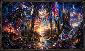A reflective chrome guardian watches over a shattered stained-glass cathedral opening toward a brilliant twilight sea. A silver hand presents a crimson heart while a white dove rises above the glowing archway. Crosses, moonlight, jeweled fragments, and mirrored pathways transform sorrow into a radiant promise of saving grace.