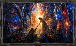 Within a ruined cathedral of fractured stained glass, a luminous angel reaches downward to rescue a shadowed soul. Golden twilight bursts through the central arch, illuminating broken steps, gothic towers, and jewel-toned windows. The scene captures salvation as a powerful handclasp between despair and a brilliant, forgiving light.