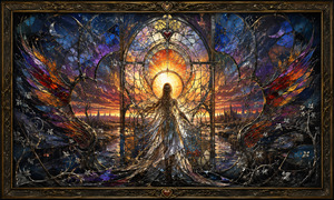A solitary woman stands before a blazing circular portal framed by enormous stained-glass wings. Chrome vines, silver leaves, crescent moons, and fiery twilight colors surround her flowing form. The radiant heart above suggests love and mercy, while the distant city waits beyond a reflective landscape transformed by spiritual awakening.