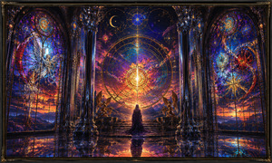 A cloaked pilgrim faces an immense celestial window glowing like a second sun inside a chrome cathedral. Towering columns, guardian angels, stained-glass constellations, and mirrored floors reflect the vivid twilight sky. The mysterious sanctuary represents a final threshold where darkness, faith, and redemption meet beneath the stars.