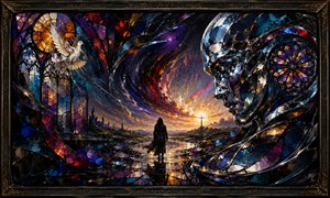 A lone traveler crosses a fractured reflective plain toward a glowing cross beneath a swirling twilight vortex. A monumental chrome face emerges from the darkness, balanced by a white dove inside a stained-glass window. Flowing metallic ribbons and jewel-colored fragments suggest protection, struggle, and grace guiding the traveler home.