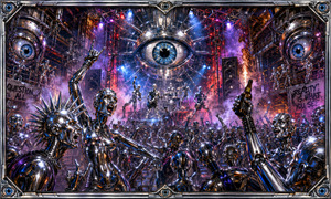 A chrome mannequin uprising erupts beneath a colossal mechanical eye, where blazing spotlights, sparks, smoke, and pounding amplifiers transform an industrial arena into a rebellious rock celebration. Reflective figures dance, shout, and raise their hands while the enormous watcher dominates the stage, symbolizing control, judgment, and defiant self-expression.