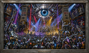 Inside a vast factory cathedral, hundreds of animated chrome mannequins surge toward a brilliant concert stage beneath a towering blue eye. Colored beams slice through haze while banners question truth and obedience. The metallic crowd becomes a restless force, challenging conformity through movement, music, spectacle, and an overwhelming atmosphere of industrial rebellion.