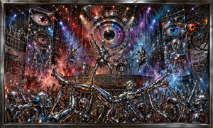 A fierce chrome band performs before a wall of mechanical eyes as mannequin fans crowd-surf, dance, and reach toward the stage. Red, blue, and violet light reflects across polished bodies, chains, scaffolding, and machinery. The scene captures fractured perception, surveillance, and liberation within a loud, chaotic celebration of independent thought.