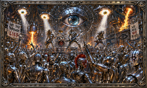 Molten metal pours through an industrial concert hall while chrome mannequins gather beneath eye-shaped spotlights. A powerful band commands the elevated stage as masked and painted figures raise fists, question reality, and resist blindness. Warm firelight and cold steel reflections create a dramatic clash between control, awareness, and rebellion.