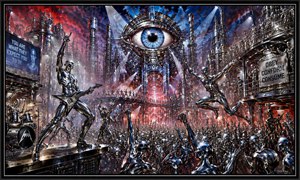 A vast chrome city becomes a roaring rock festival beneath an enormous watchful eye. Animated mannequins leap from platforms, play instruments, and fill every catwalk and factory floor. Propaganda signs surround the celebration, yet the crowd answers with motion, noise, and unity, turning surveillance into a bright spectacle of resistance.