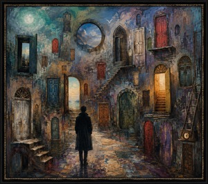 A solitary figure enters a weathered courtyard crowded with colorful doors, hidden stairways, glowing passages, and circular portals. Some entrances reveal ocean horizons or golden light, while others remain firmly closed. Thick painted textures and moonlit blues create a haunting meditation on loneliness, hesitation, and unanswered possibilities.